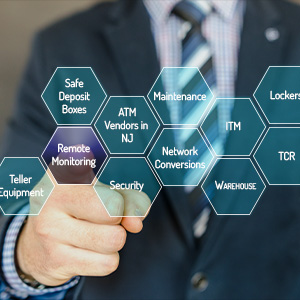 A finger pointing to a group of transparent shapes listing a variety of NJ NCR dealer's services