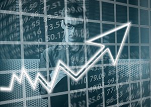 Overlayed images of a business owner, a rising arrow, and numerical code implying SEO Ocean County services and content marketing improve business